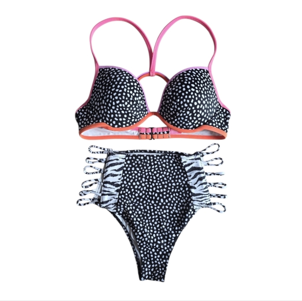 Victoria's Secret 36C BIKINI high-waist Black White PEBBLE dot zebra strappy